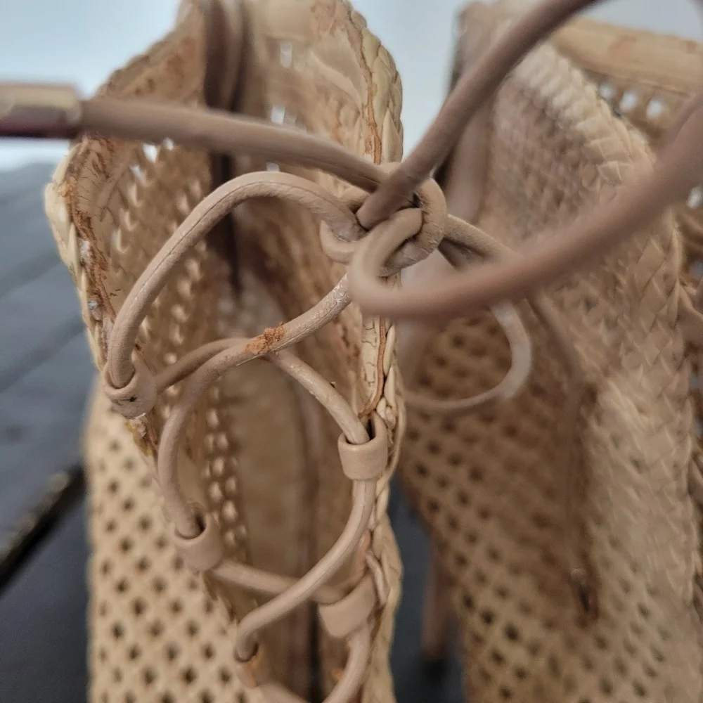 Sam Edelman Abbie Woven Heels Women's 6 Tan Beige Lace Up Stiletto Dressy